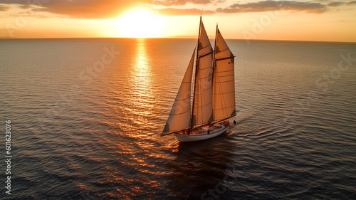 Stimmungsvolles Bild von einem Segelschiff vor goldenem Sonnenuntergang