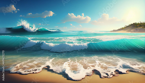 Elegant image of blue water and beach, This visual is fitting for your projects. Ocean seashore with waves on a tropical island Ai generated image 