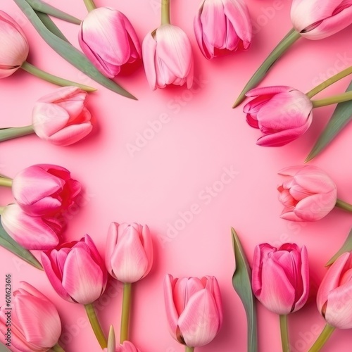 A flat lay of tulip flowers on pink background, suitable for Women's Day, Mother's Day, or spring sale. (Generative AI)