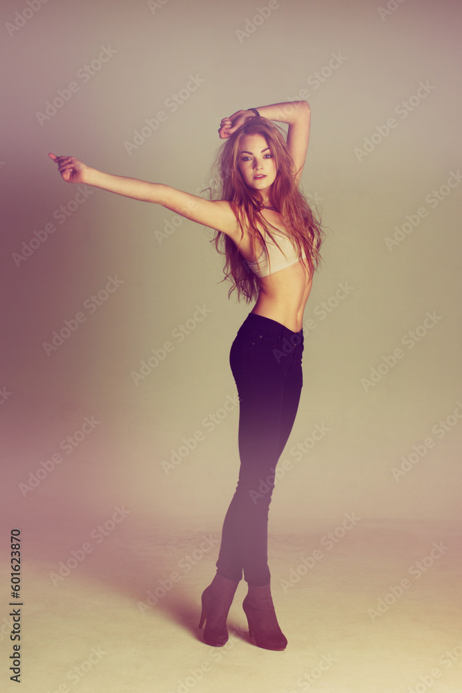 Dance fashion, young woman and portrait of a dancer model with casual style and confidence. Isolated, studio background and dancing pose of a female person with youth, body freedom and natural beauty Dance fashion, young woman and portrait of a dancer model with casual style and confidence. Isolated, studio background and dancing pose of a female person with youth, body freedom and natural beauty