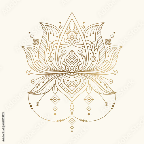 Golden lotus illustration in Indian style. Lotus mandala. yoga logo. Boho print, poster, t-shirt textile. Isolated outline vector illustration.