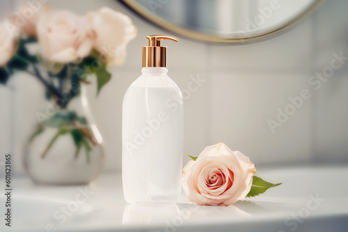 Mock up of natural beauty product. White cosmetic dispenser bottle with gel or soap with beautiful rose on a light blurred bath interior background. Organic cosmetic product. Generative ai