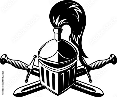 Knight helmet with crossed swords. Warrior helmet with swords. Design element