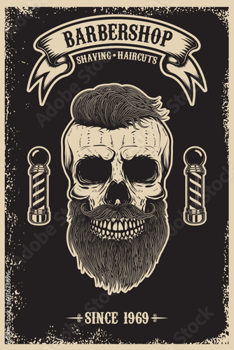 Vintage style barbershop poster with a bearded skull illustration. Perfect for adding a touch of nostalgia and charm to your space