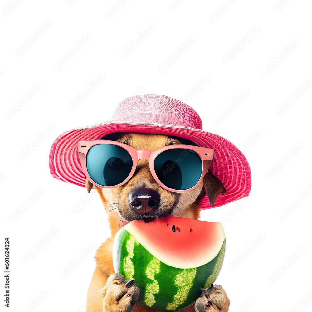 cute dog wearing sun glasses with watermelon on white background