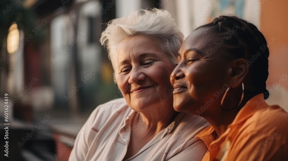 Old women lesbian couple. Black and Caucasian female in love. LGBT pride month celebration generative ai Old women lesbian couple. Black and Caucasian female in love. LGBT pride month celebration generative ai