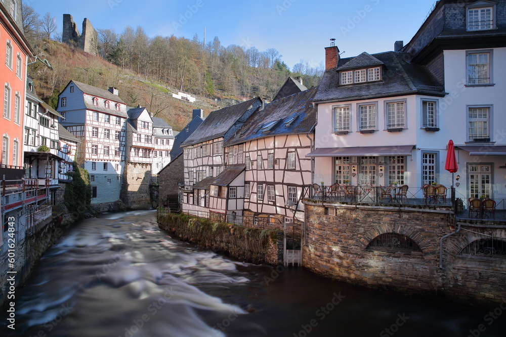 The historical center of the medieval town of Monschau, North Rhine Westfalia, Germany, with half timbered houses along the Rur river
