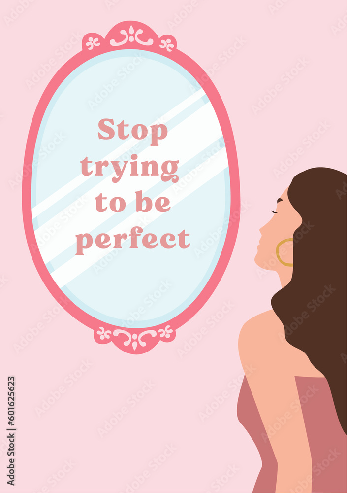 Woman watching in a mirror illustration. Positive vibes poster.