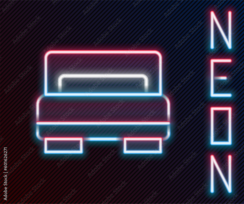 Glowing neon line Hotel room bed icon isolated on black background. Colorful outline concept. Vector Glowing neon line Hotel room bed icon isolated on black background. Colorful outline concept. Vector