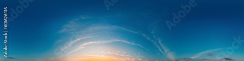 Sunset sky panorama with bright glowing pink Cirrus clouds. HDR 360 seamless spherical panorama. Full zenith or sky dome for 3D visualization  sky replacement for aerial drone panoramas.