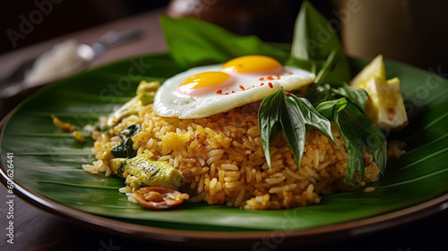 food photography of a fried rice with hot steam. in the fried rice. generative ai