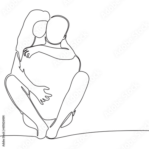 Silhouette of a couple of people. One line continuous passion woman and man. Line art hugging woman and man. Outline vector illustration.