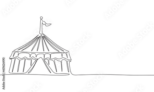 Big top circus. One line continuous circus tent. Line art tent for carnival. Outline vector illustration.