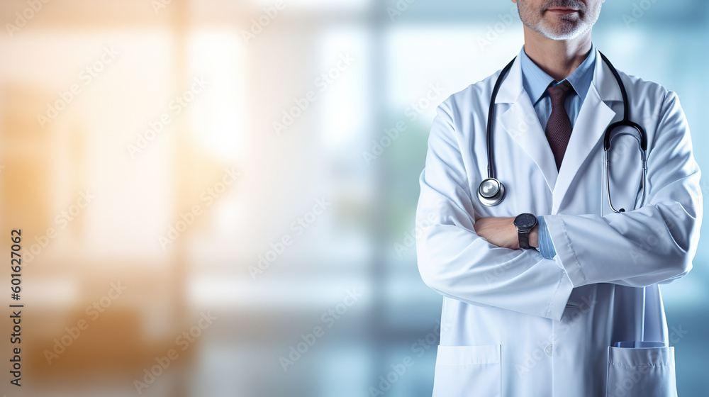 Professional Doctor Wearing Stethoscope in Hospital Setting. created with Generative AI Professional Doctor Wearing Stethoscope in Hospital Setting. created with Generative AI