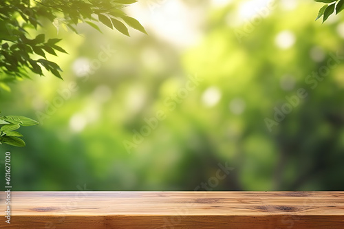 Empty Wooden Table with Blurred Greenery Background. created with Generative AI