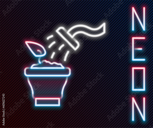 Glowing neon line Spraying a house plant with a spray gun icon isolated on black background. Moistening of foliage. Care for home flowers. Colorful outline concept. Vector