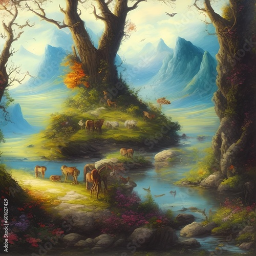 Landscape with Fantasy Animals, Generative AI Illustration © pandawild