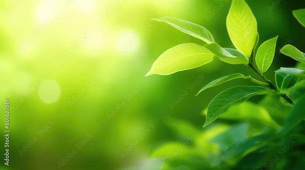 Obraz premium Close up of water drop on green leaf with copy space for nature background, Generative AI