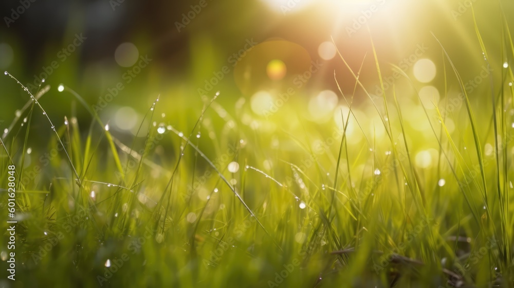 Green grass with dew drops in the morning sunlight. Natural background, Generative AI