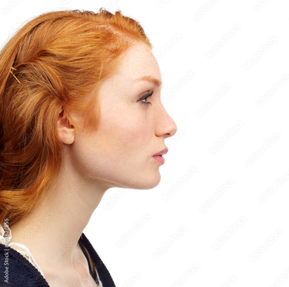 Woman, face profile and ginger hair with thinking and natural beauty in a studio. White background, young person and female model with cosmetics and confidence with makeup and skin glow and mockup Woman, face profile and ginger hair with thinking and natural beauty in a studio. White background, young person and female model with cosmetics and confidence with makeup and skin glow and mockup