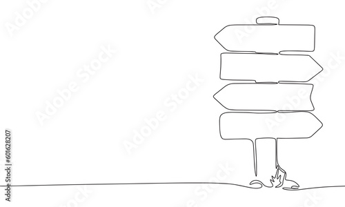 Hand drawn signpost. One line continuous signpost. Line art sign post with arrow. Outline vector illustration.