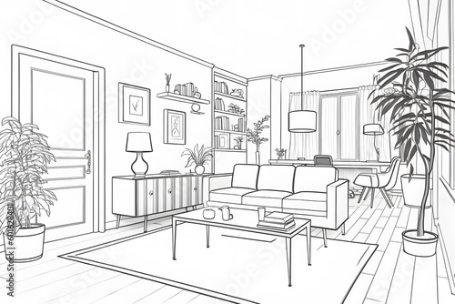 Modern living room interior. Black and white illustration created with generative AI technology.