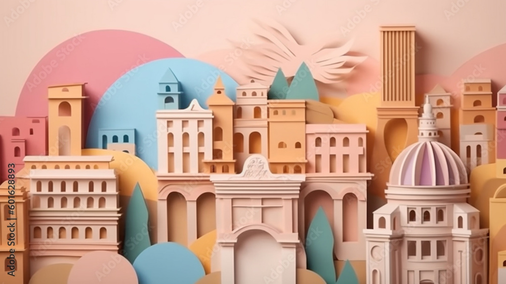 Fototapeta premium Layered paper travel concept in pastel. generative ai