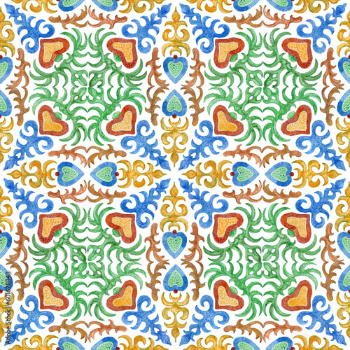 Seamless pattern of watercolor painted tiles with hand drawn geometrical and floral ornaments in Mediterranean ceramic painting style isolated on a transparent background