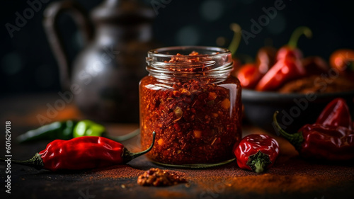 product photography of the carolina reaper paste in a glass bottle with no label. generative ai