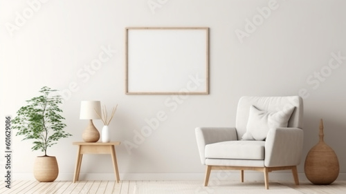 Blank picture frame mock up in interior design. Living room with armchair and vases. View of modern boho style interior with artwork template on a white wall. generative ai