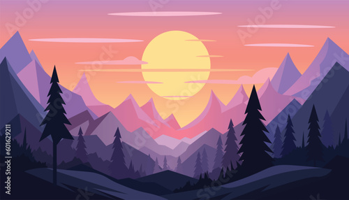 Flat minimalistic design. Panorama of a mountain landscape. Easy to change colors.