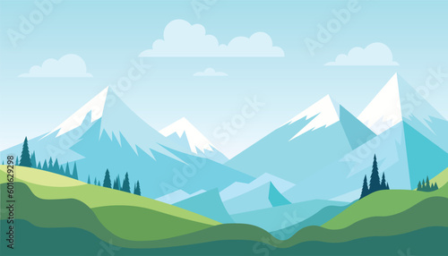 Fototapeta Naklejka Na Ścianę i Meble -  Flat minimalistic design. Panorama of a mountain landscape. Easy to change colors.