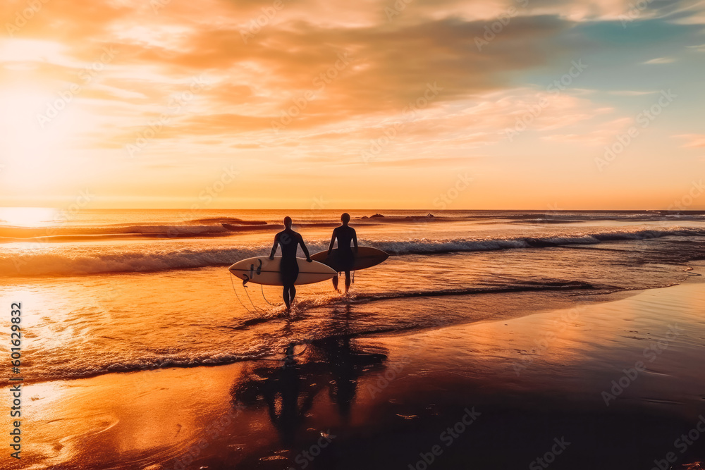 Two young male surfers in black wetsuits with long boards. Walking on beach in the sunset. Summer days on the beach with friends. Generative AI