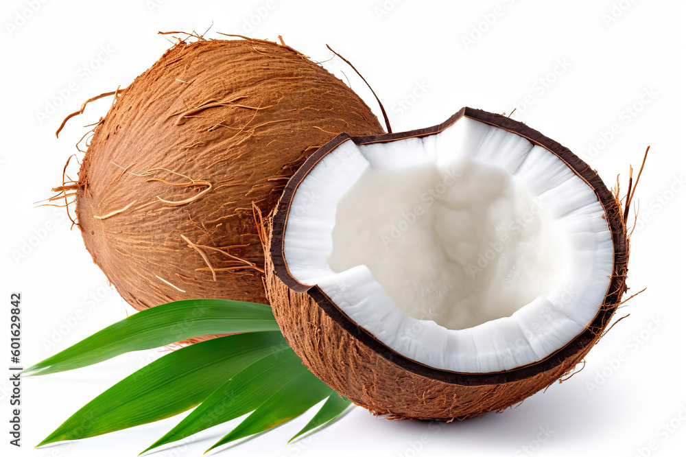 Fresh Coconut with Half and Leaves Isolated on White Background. created with Generative AI Fresh Coconut with Half and Leaves Isolated on White Background. created with Generative AI