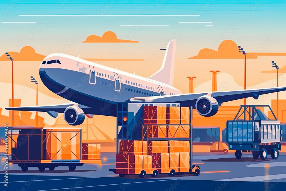 Loading cargo on plane. Airmail shipping packages. Airmail fast shipping. Shipping boxes ready to be delivered. Generative AI Loading cargo on plane. Airmail shipping packages. Airmail fast shipping. Shipping boxes ready to be delivered. Generative AI