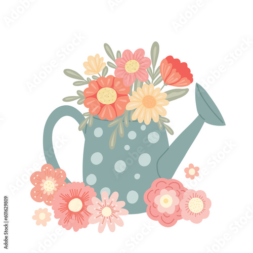 Vector cute illustration of a watering can with a bouquet of flowers isolated from the background. Romantic clipart with original vase
