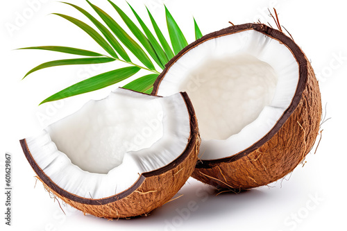 Fresh Coconut with Half and Leaves Isolated on White Background. created with Generative AI