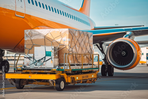 Loading mail cargo on plane. Airmail shipping packages. Airmail fast shipping. Shipping boxes ready to be delivered. Generative AI