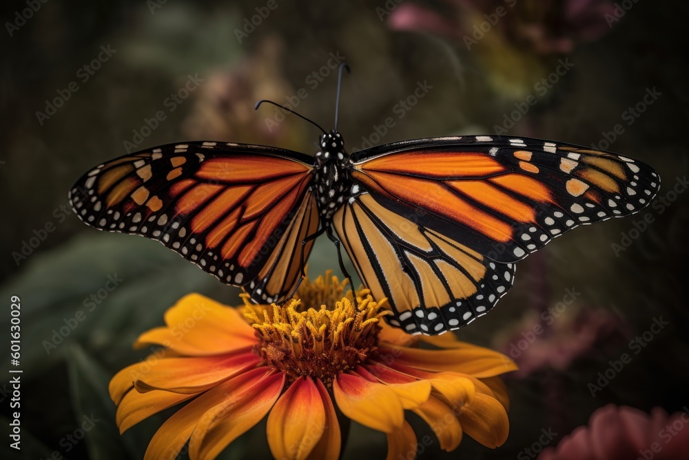 Fototapeta premium Monarch butterfly on a petal - Generative AI