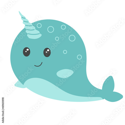 Cute cartoon narwhal. Vector illustration on white background. Kawaii blue narwhal for card  poster  t-shirt. 