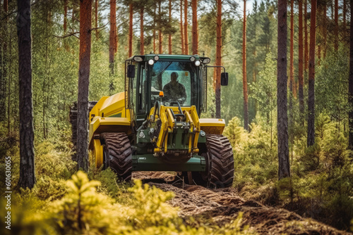 Harvester heavy forestry vehicle working in the sunset. Tractor in background. Forestry, cutting down trees concept. Generative AI