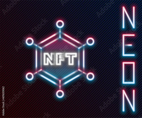 Glowing neon line NFT blockchain technology icon isolated on black background. Non fungible token. Digital crypto art concept. Colorful outline concept. Vector