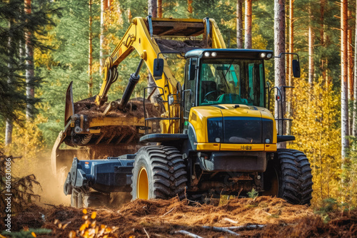 The harvester working in forest on logging site. Harvest of timber. Forestry  cutting down trees concept. Generative AI