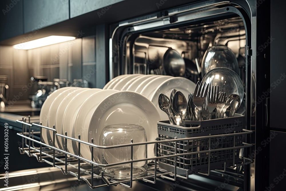Side view of an open automatic built-in dishwasher with clean dishes on