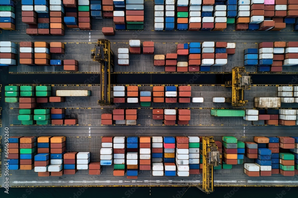 Obraz premium Stacked cargo containers top down aerial view. Containers at logistics terminal. Cargo container outdoor warehouse. Generative AI