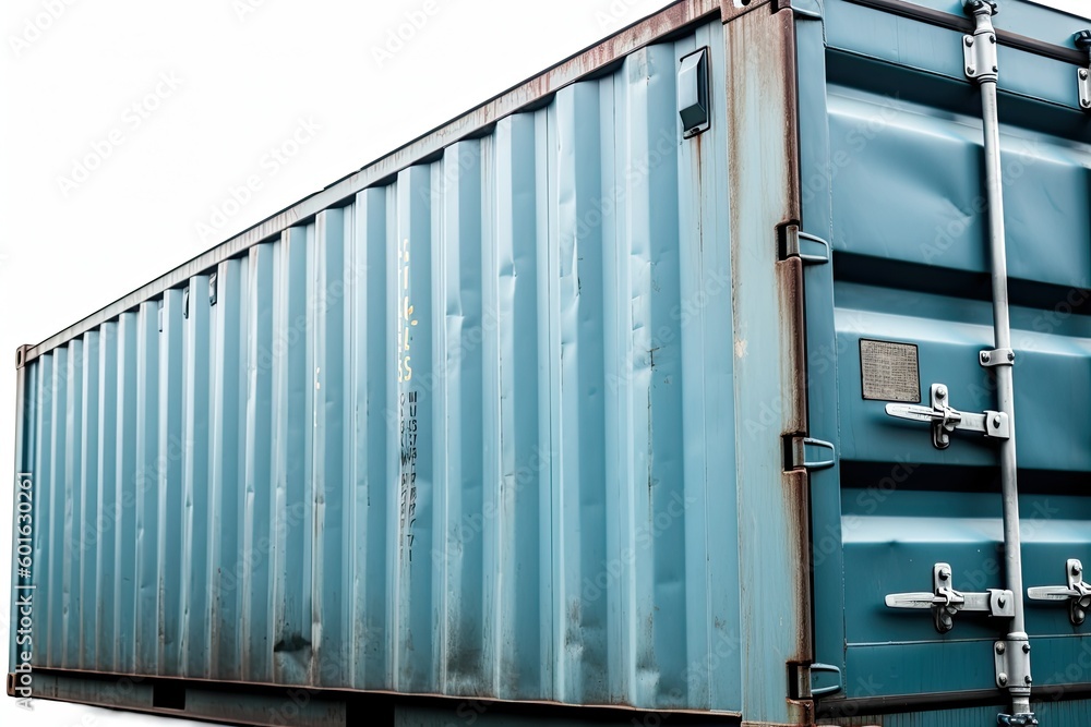 Fototapeta premium Standard old cargo container isolated on white background. Industrial shipping equipment. Generative AI