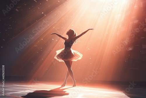 Ballet dancer spinning in the dance on the stage in theatre in the light of spotlights with sparkles around. Generative AI