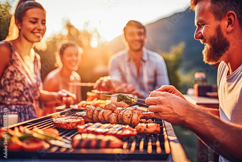 Happy friends having fun grilling meat enjoying barbecue. Summer evening with friends having a garden party. Generative AI