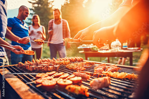 Happy friends having fun grilling meat enjoying barbecue. Summer evening with friends having a garden party. Generative AI