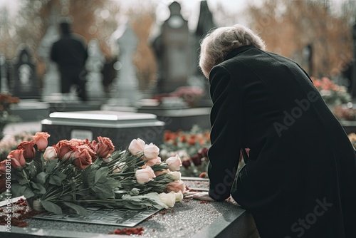 An elderly woman with gray hair leans over a granite tombstone and puts a bouquet of roses on it. Mourning for a loved one. Generative AI